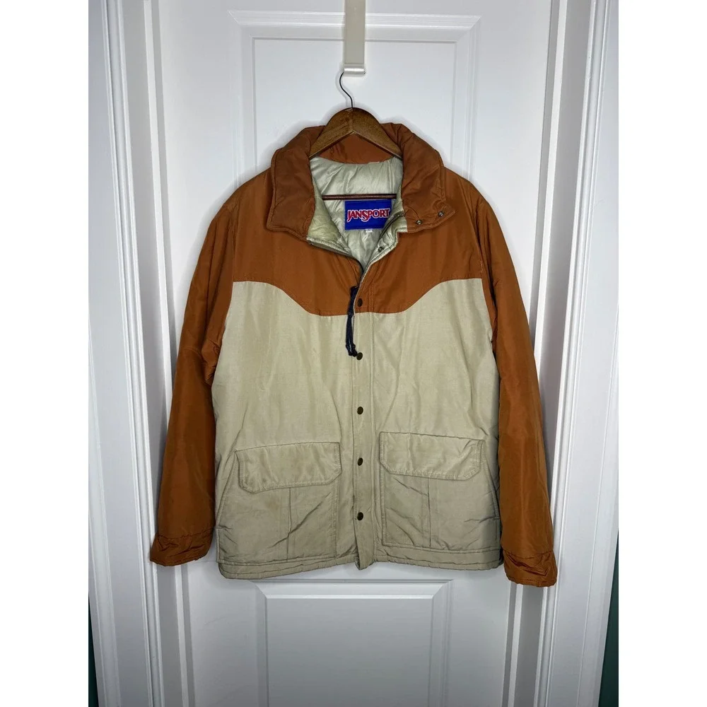 Vintage Jansport‎ Color Block Puffer Jacket Brown Tan Western Style Size L